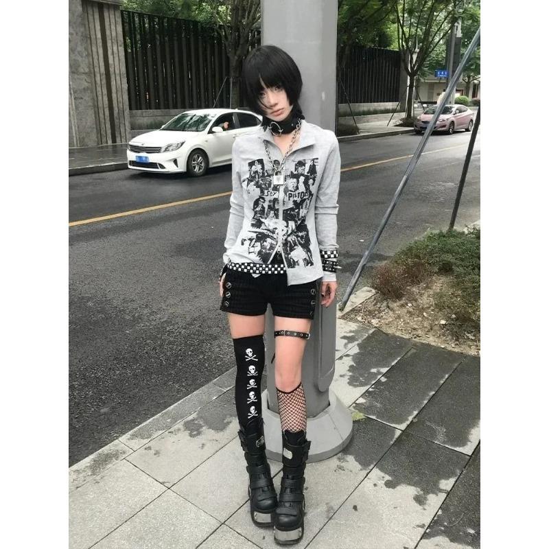 Y2k Harajuku толстовки женские американский ретро панк уличная одежда хип-хоп граффити принт молния толстовка осень