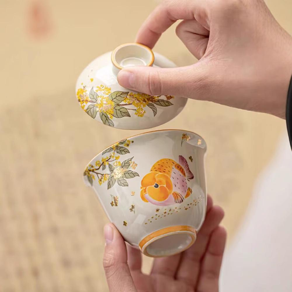 Osmanthus Goldfish Ingot Cover Bowl Teacup Large Ercai Ceramic Tea Bowl With Cover Kung Fu Tea Set Tea Maker