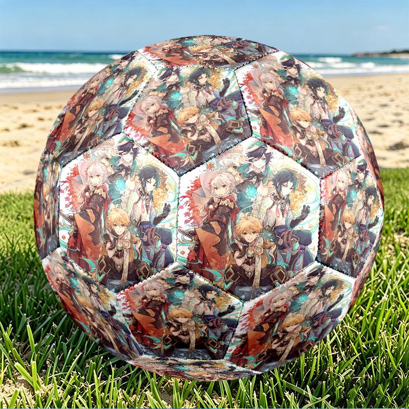 Genshin Impact Print Size 5 Soccer Ball, PU Wear Resistant Football for Match Training and Daily Practice, Birthday Gift for Soccer Fans