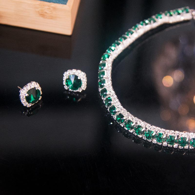Роскошные комплекты серег и ожерелья с зеленым кристаллом, ожерелье для женщин, свадебные украшения для невесты, аксессуары