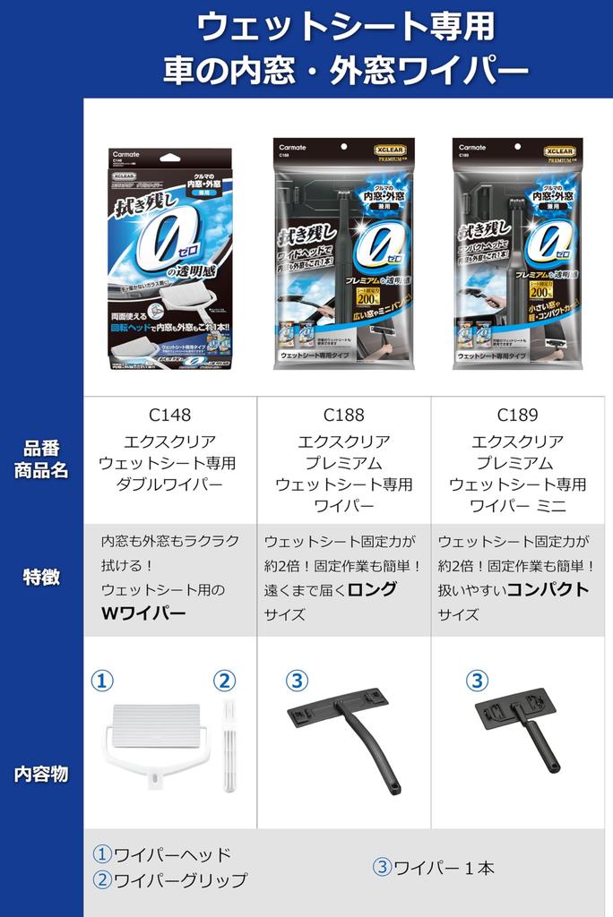 CARMATE Car Window Cleaning Wiper and Exterior Window Double Wiper C148 for Exclear Wet Sheets [Interior Cleaning]