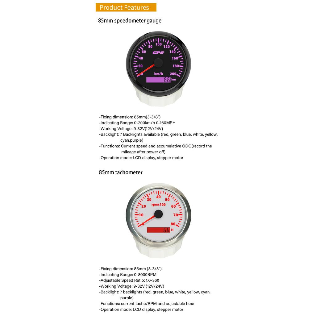 ELING Комплект из 6 датчиков 85 мм 200 км/ч 160 миль/ч GPS-спидометр Тахометр 52 мм 0-120℃ Температура воды Давление масла Уровень топлива Вольтметр 12 В