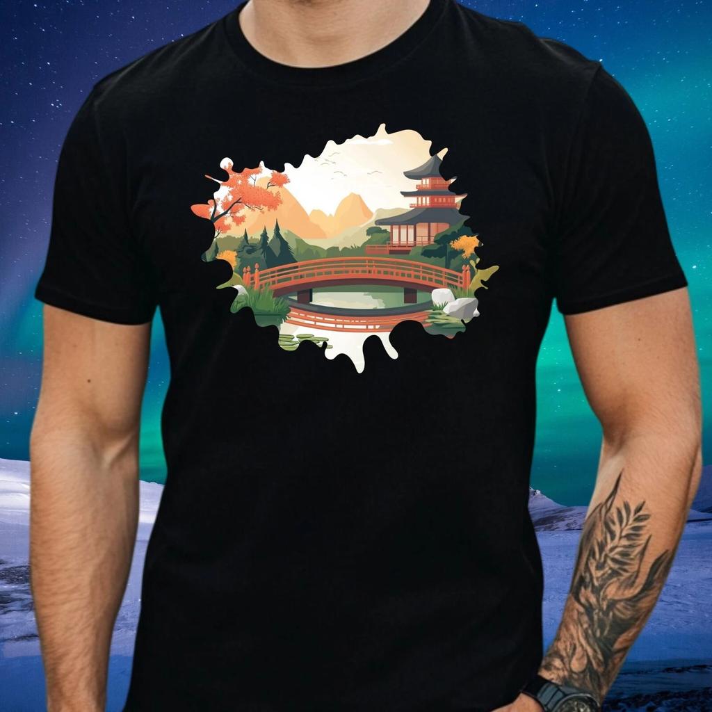T-Shirt Herren Japanischer Garten Motiv Baumwolle Größe S bis 5XL