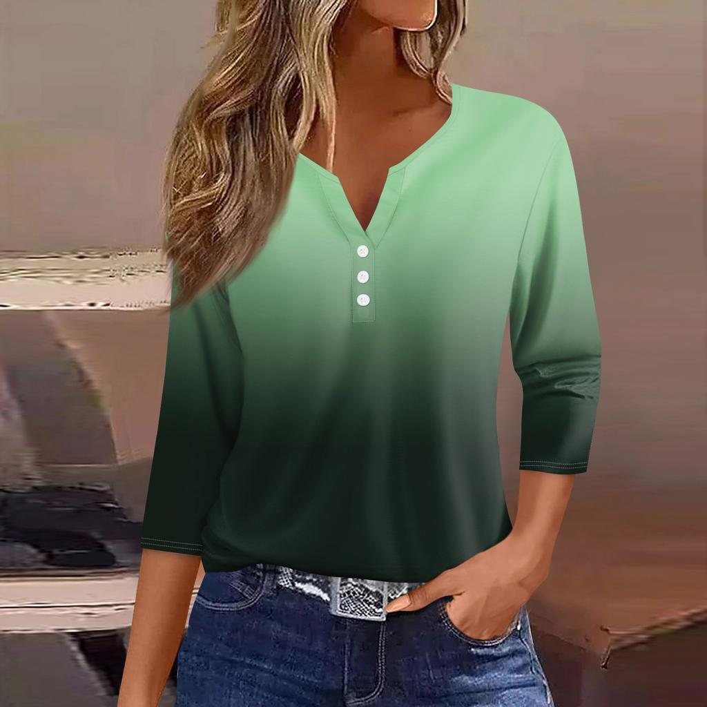Жен. Футболка Футболка С принтом Пуговицы Рукав 3/4 Повседневные Выходные Мода Классический Классический V-образный вырез Обычный Верх