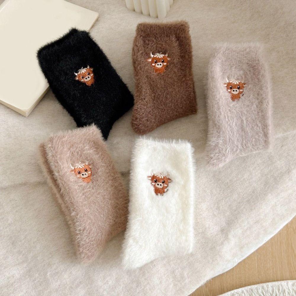 5Pairs Embroidery Cow Winter Fluffy Socks Mid Tube Plush Floor Socks Autumn Winter