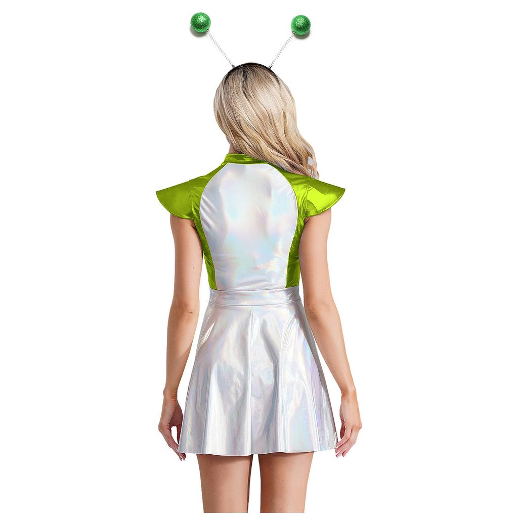 Womens Space Alien Costume Cap Sleeve Cutie Design Outer Space Theme Dress and Hair Hoop