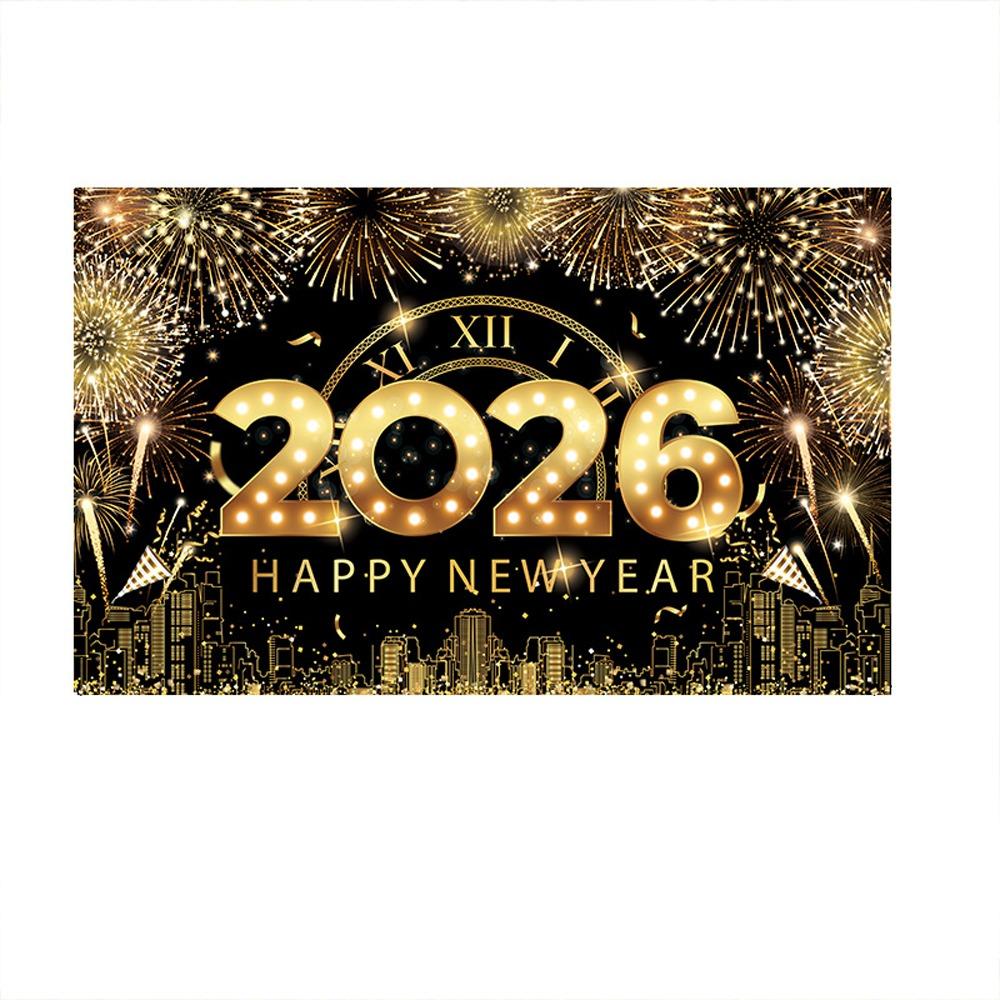 Black Gold 2026 New Year Backdrops Polyester Night Glittering Party Background Colorful Balloon Champagne Photo Background
