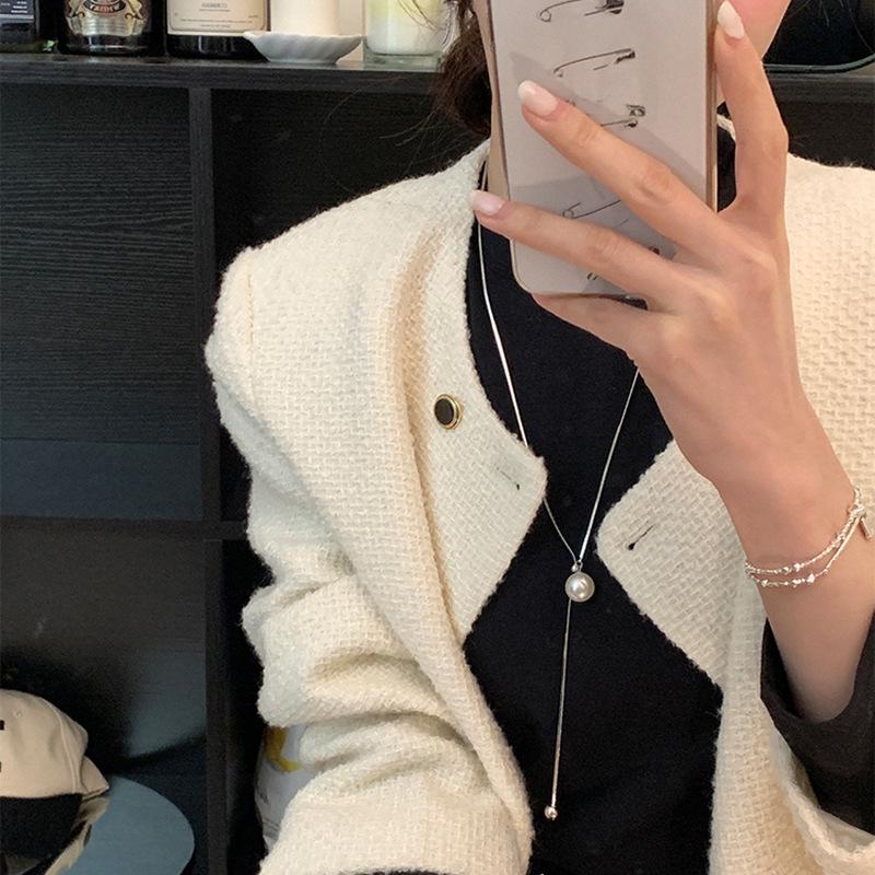 Minimalist Women's Pearl Necklace, S925 Sterling Silver, Adjustable Long Sweater Chain