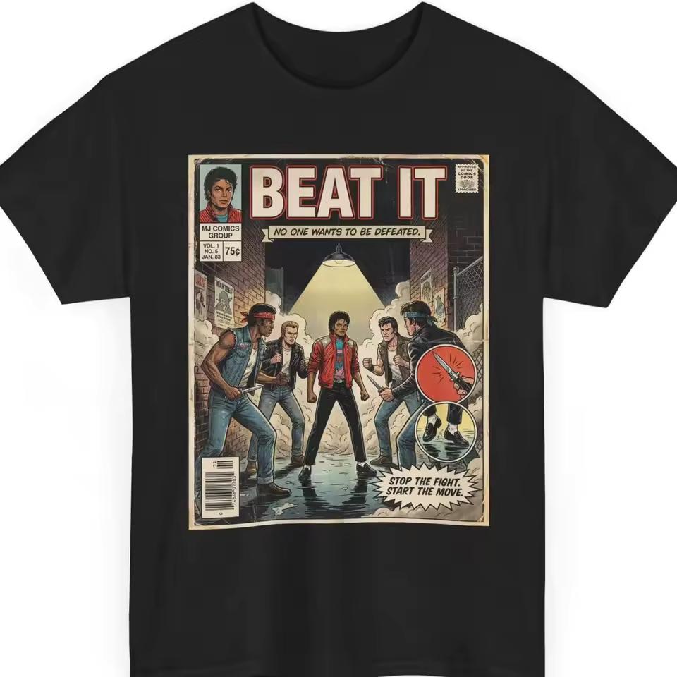 Unisex All-Season Summer Short Sleeve Men's Vintage 80s Graphic Tee with MJ Beat It Thriller Gang Alley T shirt