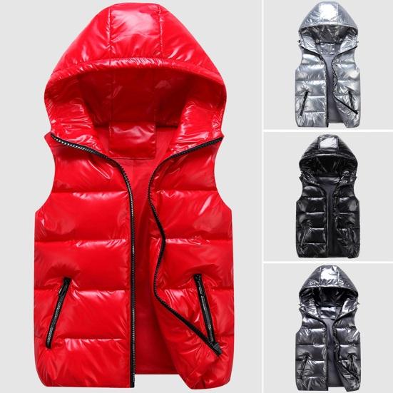 Women Men Winter Bright Color Vest Coat Hooded Sleeveless Pockets Design Zipper Placket Down Padded Windbreaker Lightweight Windbreaker