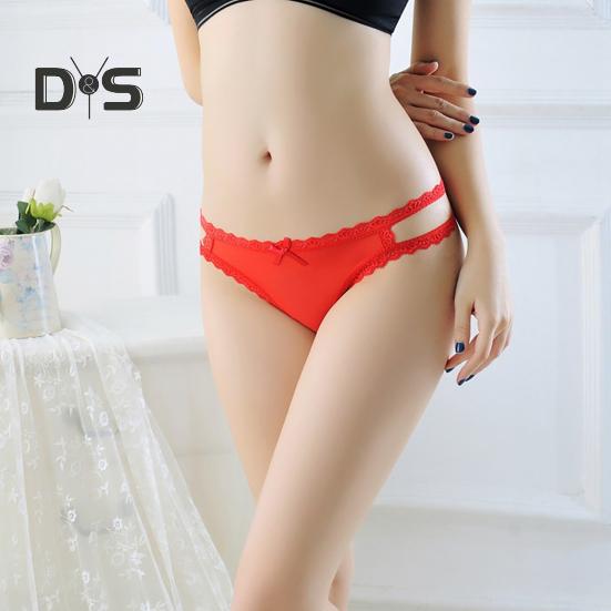 Sexy Embroidery Lace Stitching Briefs Solid Color Bowknot Decor See Through Mesh Thong Low Rise Ultra Thin Hollow Out Panties