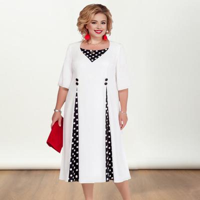 Женское платье в горошек с принтом в стиле пэчворк контрастного цвета плюс размер с круглым вырезом трапециевидной формы со свободным подолом и пуговицами, декор с половиной рукава, официальное весеннее платье-миди