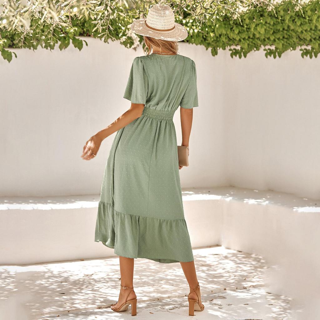 Женское весеннее однотонное платье с V-образным вырезом и короткими рукавами в виде листьев лотоса, летнее повседневное длинное платье А-силуэта с высокой талией, размер S-XL