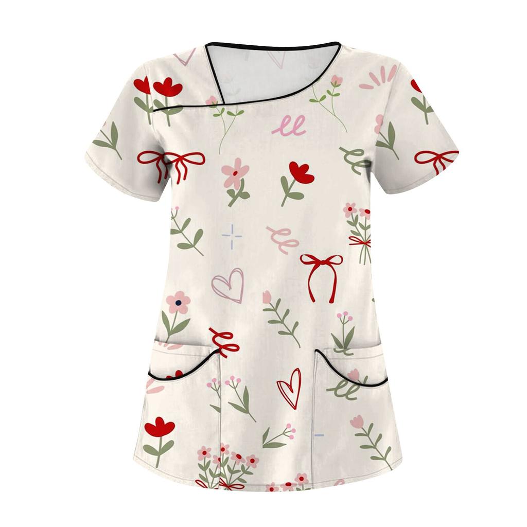 Женская мода с бантом и принтом, короткий рукав, рабочая одежда с двойными карманами