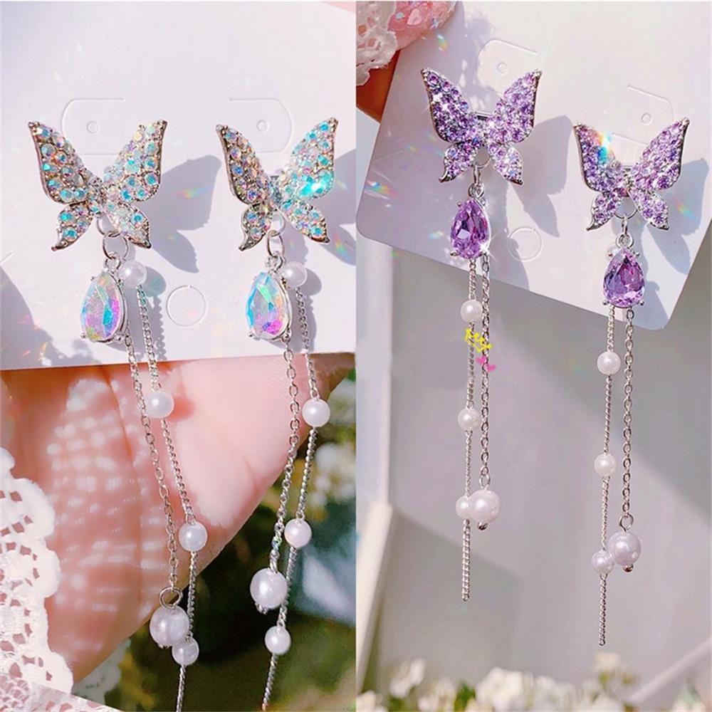 Fashion Jewelry Long Pearl Chain Shiny Butterfly Butterfly Earrings Drop Earrings Drop Dangle