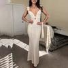 Deep V Neck Sexy Knit Dresses Women High Waist Slim Sleeveless Hollow Out Long Dress Femme Party Elegant Beach Vacation Crochet Dress Female Clothes