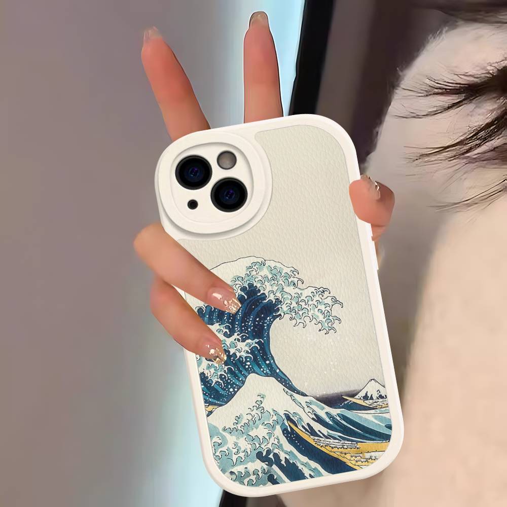 Японские волны Для IPhone 16 15 14 13 12 11 Pro Max Plus Ударопрочный Кожаный Мягкий Чехол для Телефона
