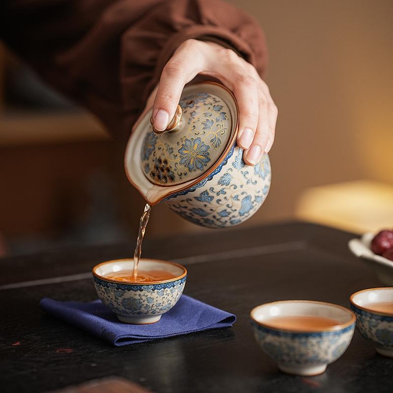 Blue and white Ru Kiln Kuaike Cup Wrapped Lotus One Pot Three Cups Travel Tea Set Portable Bag Outdoor Kung Fu Ceramics