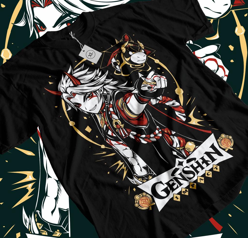 Anime Genshin Impact Itto Graphic Black TShirt Size S4xl