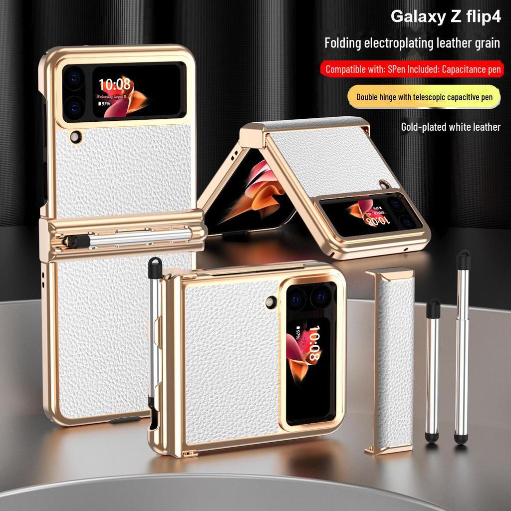 Electroplated Leather Case with S Pen Holder for Samsung Z Flip4/3 (5/6 Double Hinge)