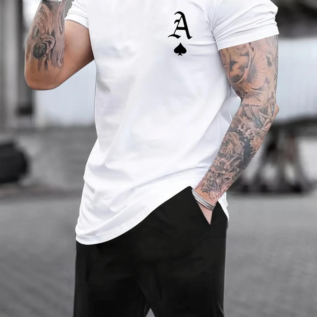 Men's Summer Spade A-line Poker Pattern Printed T-shirt Fashion Loose Casual Round Neck Large Men Breathable Soft Cotton T-shirt