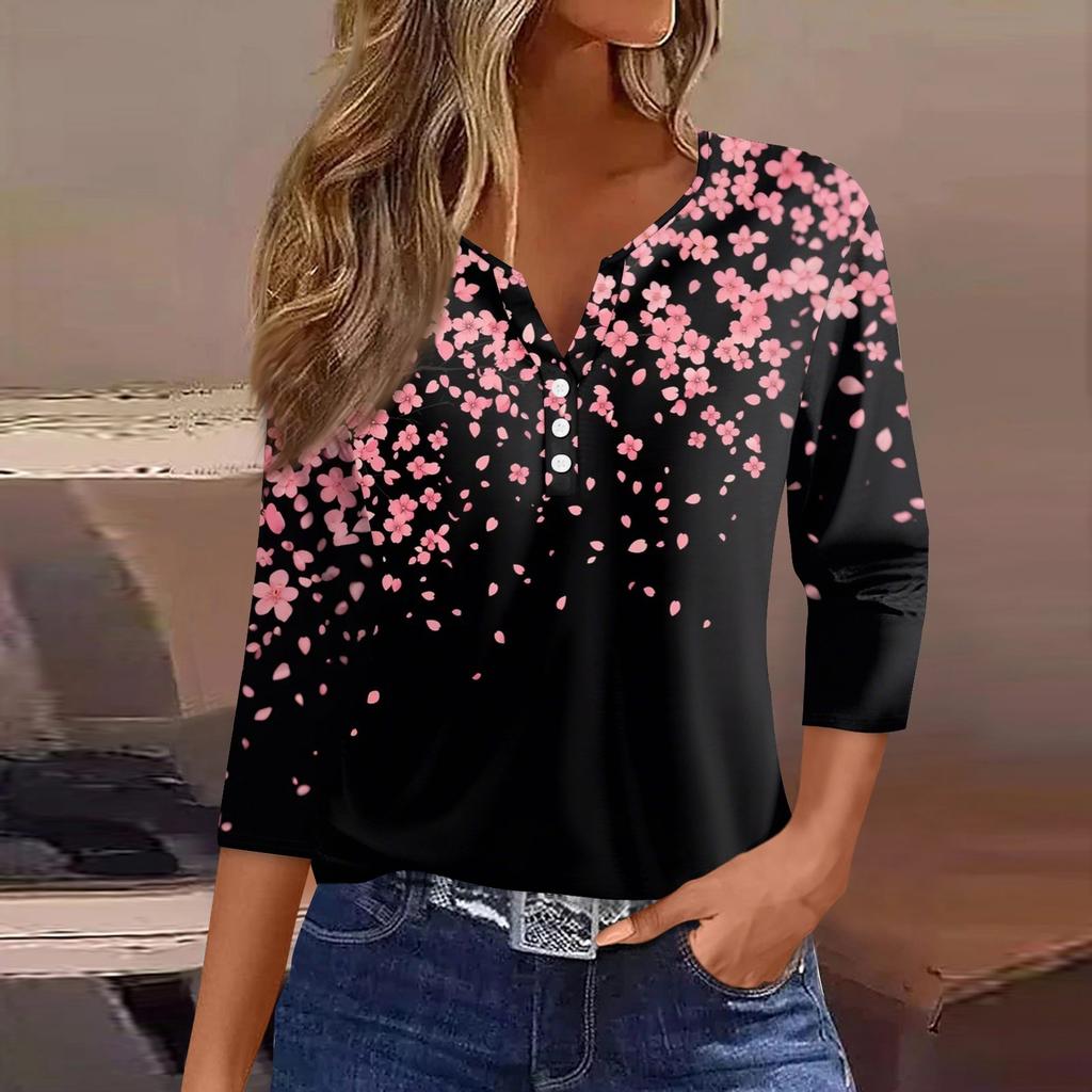 Жен. Футболка С принтом Пуговицы Рукав 3/4 Повседневные Выходные Мода Классический Классический V-образный вырез Обычный Верх