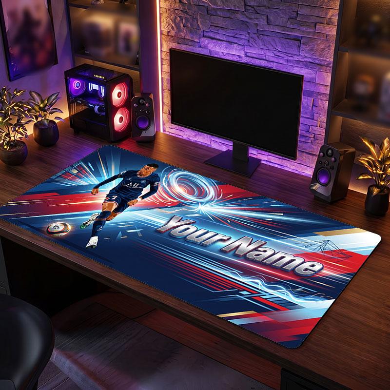 Kylian Mbappe Custom Large Mouse Pad, Personalized Name Text Print, Football Logo Non‑Slip Desk Mat Gaming Gift