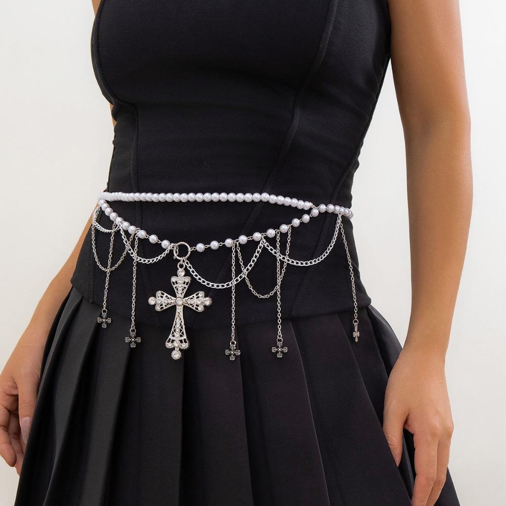 Acrylic Beads Y2K Silver Waist Chain Adjustable Crystal Tassel Waistband Waist Seal