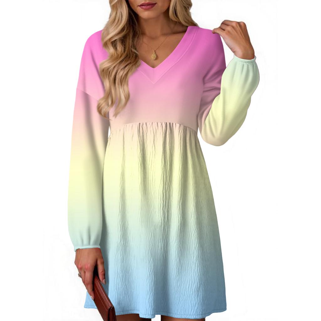 Women's Fashion Gradient V-Neck Long Sleeve Dress