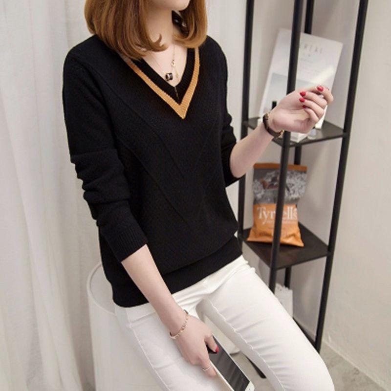 Осенний женский свитер с длинным рукавом, однотонный, с вырезом, повседневный пуловер, свободный женский свитер с V-образным вырезом