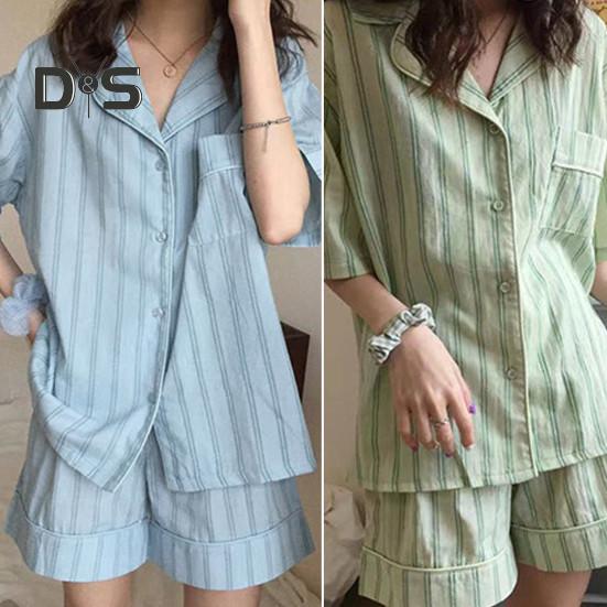 Женский пижамный комплект из 2 шт./компл., контрастный цветной полосатый принт с лацканами, с коротким рукавом, эластичная талия, свободная широкая домашняя одежда, одежда для сна, блузка, шорты, комплект