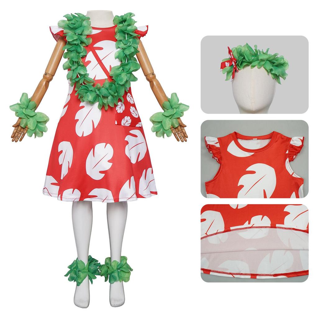 Kids Lilo & Stitch Lilo Cosplay Costume, Red Hawaiian Dress with Green Leaf Accessories for Halloween & Parties