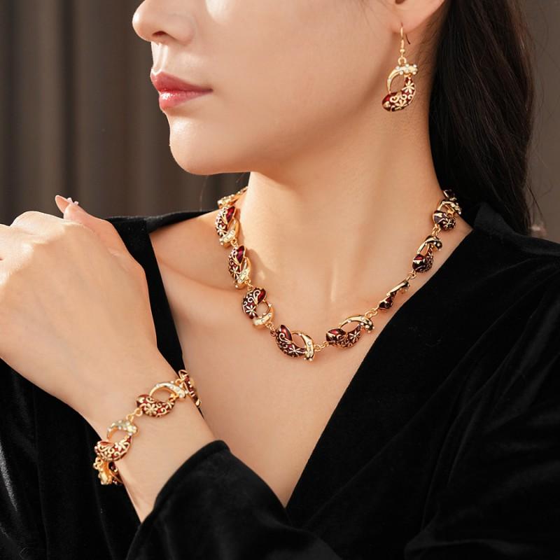 Vintage Enamel Zircon Drop Jewelry Set Women - Gold Tone Alloy Necklace Bracelet Earring Combo Retro Chic Locket Chain