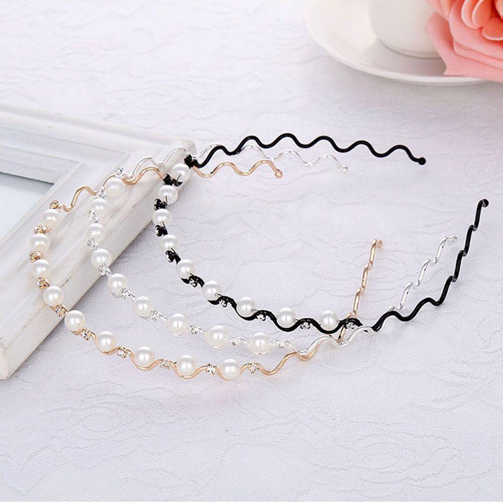Jewelry Head Chain Rhinestone for Women Headwear Pearl Crystal Wave Hairband Black Silver Metal