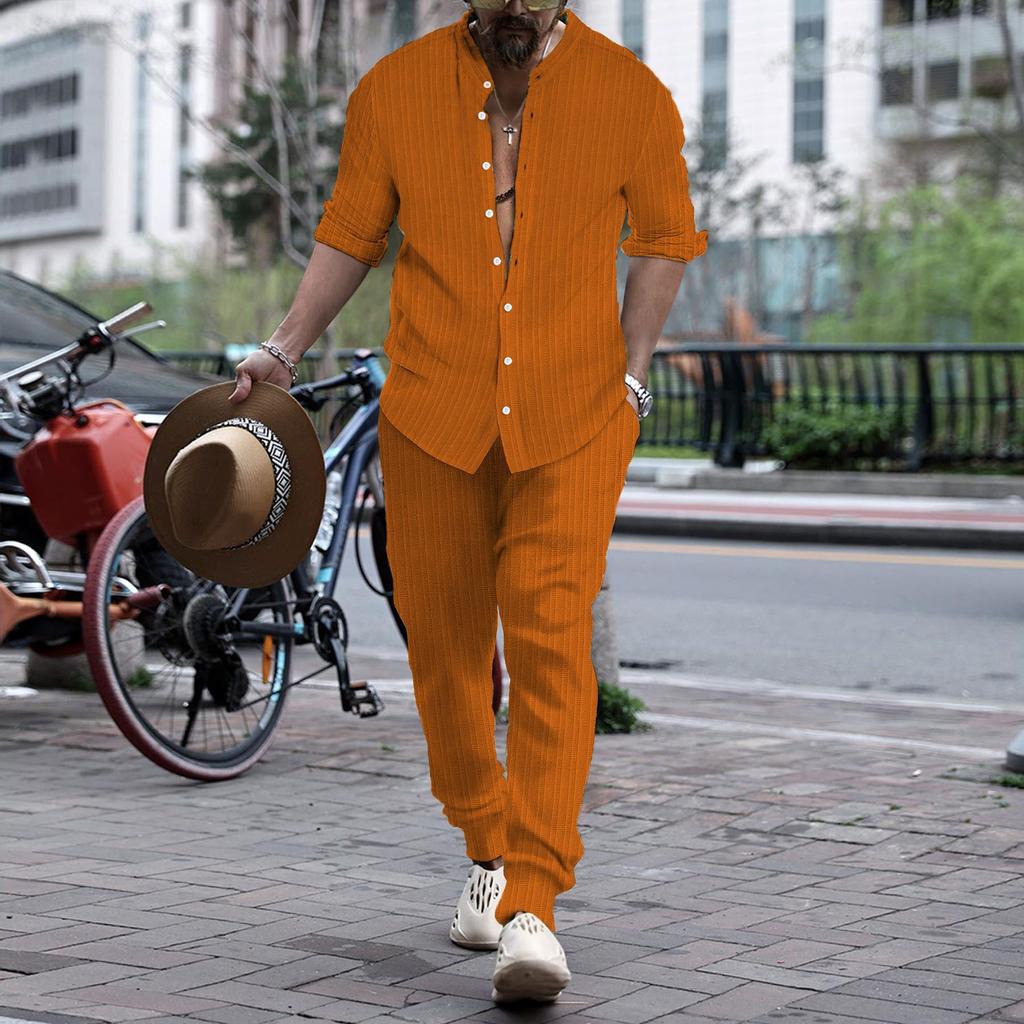 Весенне-осенний мужской повседневный костюм из двух частей в полоску, однотонный, с воротником-стойкой, длинными рукавами, топом и брюками