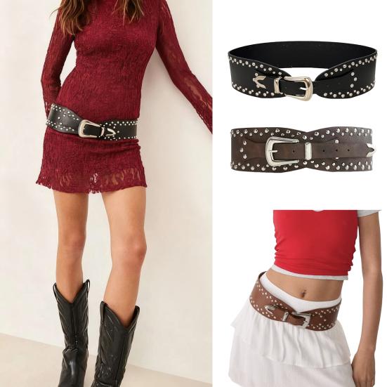Punk Style Belt Rivet Decor Wide Imitation Leather Waistband Dress Shirt Versatile Waist Belt Fashion Accessory