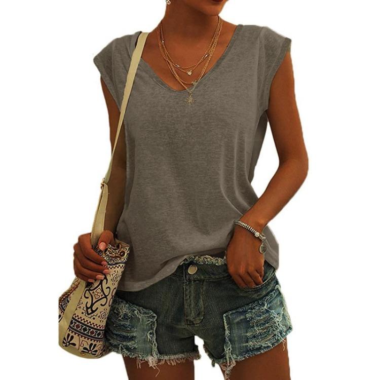 Женская повседневная футболка с V-образным вырезом, свободного кроя, однотонная, с рукавами-крылышками, блузка, майки