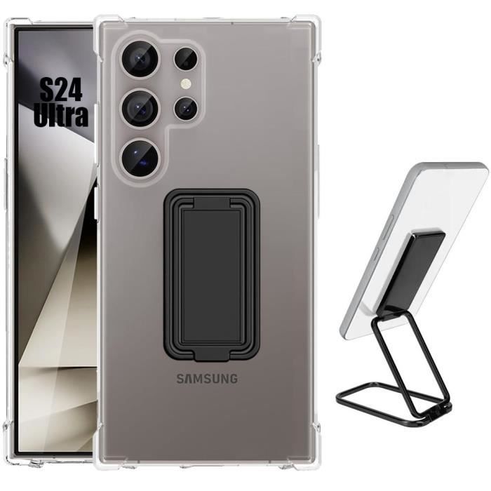 Coque - BOOLING - pour Samsung Galaxy S24 Ultra - Silicone Transparent - Antichoc - Support Pliable Noir