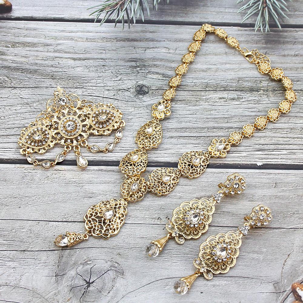 Наборы ювелирных украшений для невесты золотого цвета для женщин, брошь, серьги, ожерелье, комплект с подвеской в виде цветка, ожерелье