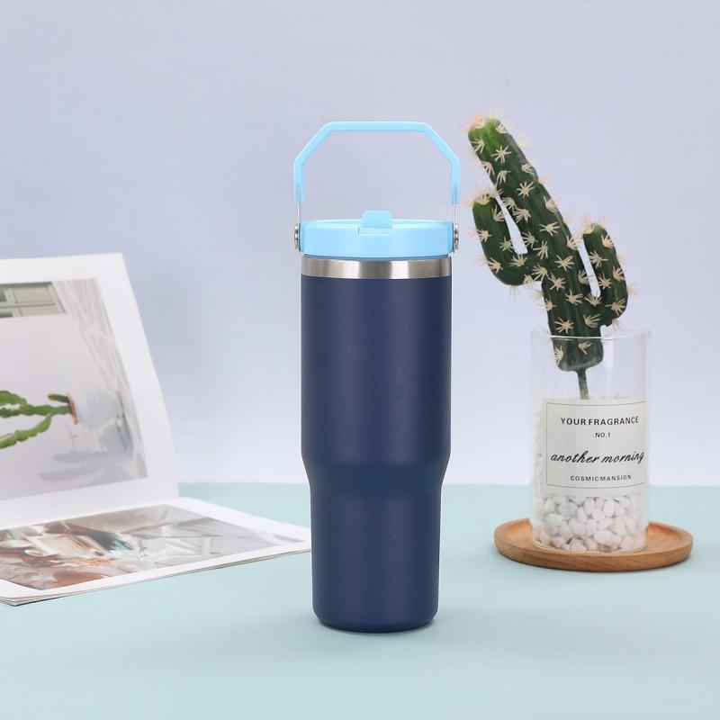 30 Oz Stainless Steel Travel Tumbler With Handle Straw Lid Car Outdoor Use Insulated Water Bottle
