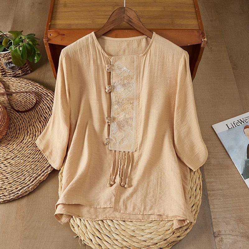 New Ethnic Style Retro Ramie Shirt Women's Summer Round Neck Short-sleeved Top Diagonal Embroidered Tea Clothes