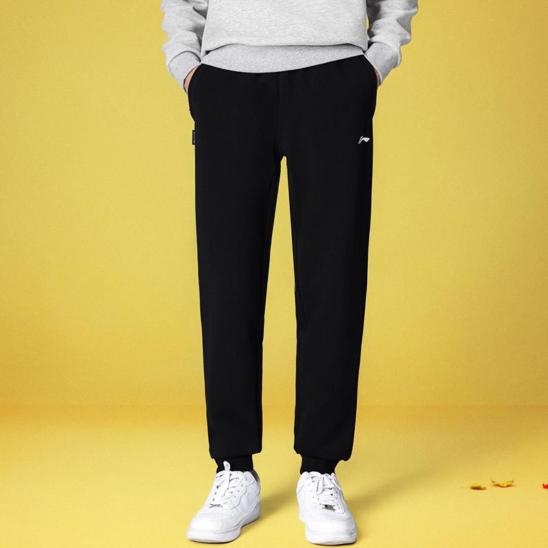 Штаны для бадминтона Li Ning, плотные, с флисовой подкладкой и средней талией, свободные, однотонные, с манжетами, трикотажные, спортивные, унисекс, черные AKLUE45-1