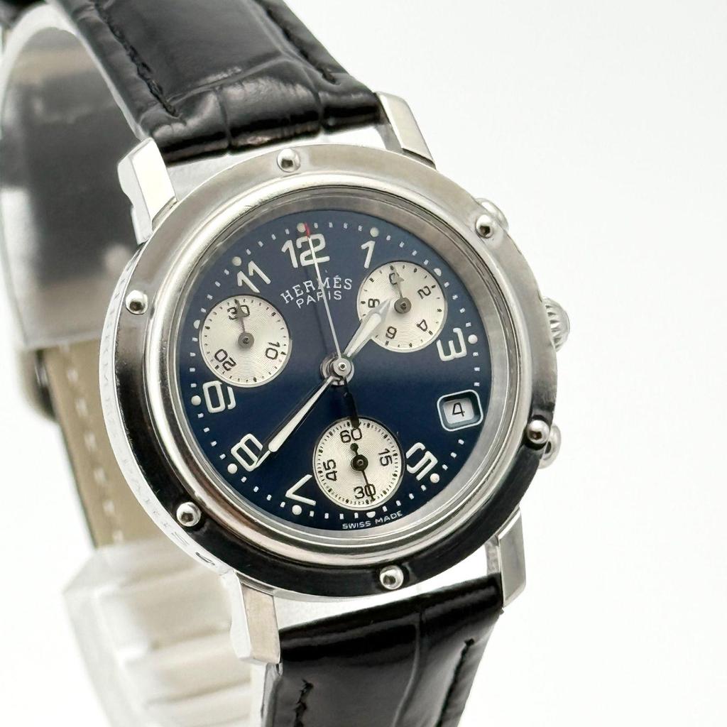 Used Hermes Clipper CL1.310 Navy Chronograph New Strap New Battery Ladies Watch 802