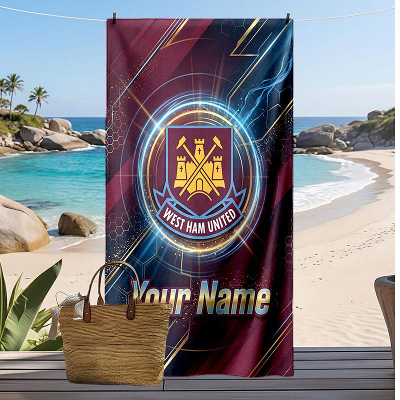 West Ham United FC Personalized Printed Beach Towel Soccer Logo Support Custom Name Text Absorbent Towel For Sport Travel Special Gift