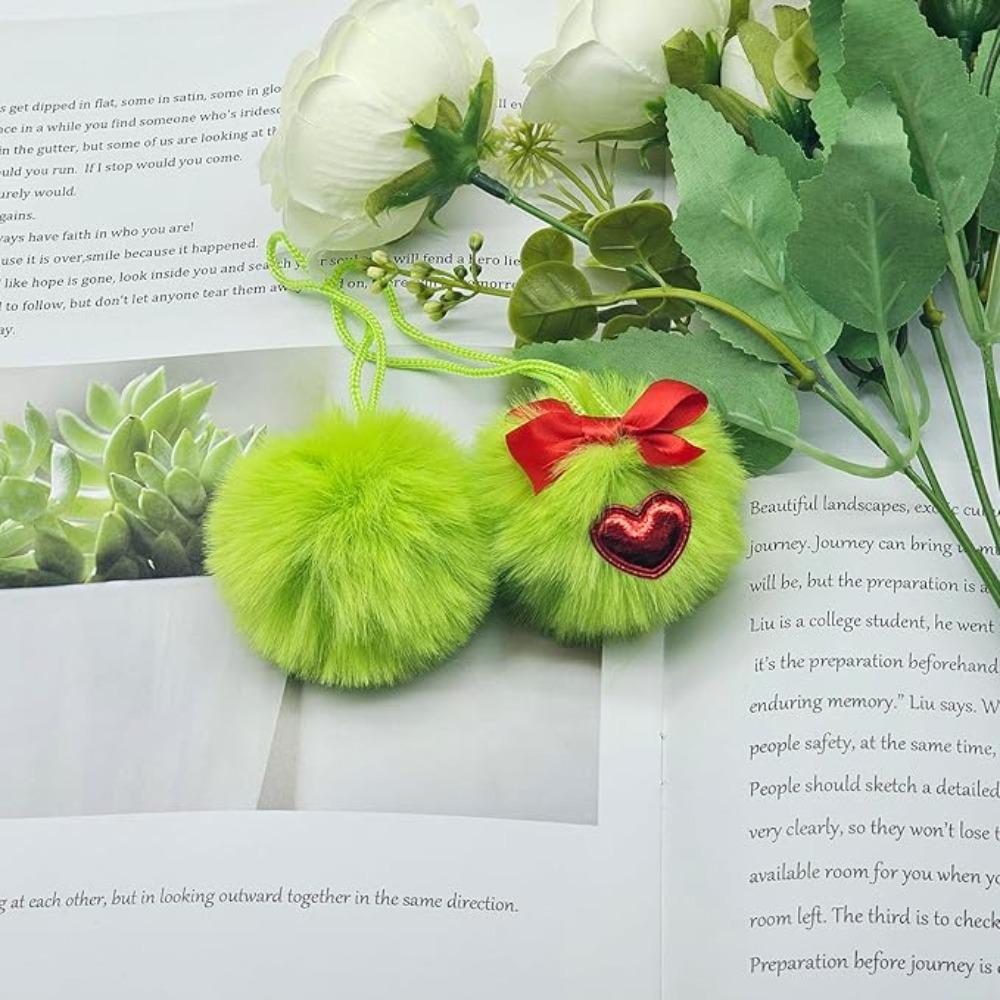 12Pcs Furry Christmas Green Elf Ball Soft DIY Green Christmas Balls 6cm with Bow and Heart Christmas Tree Hanging Decoration