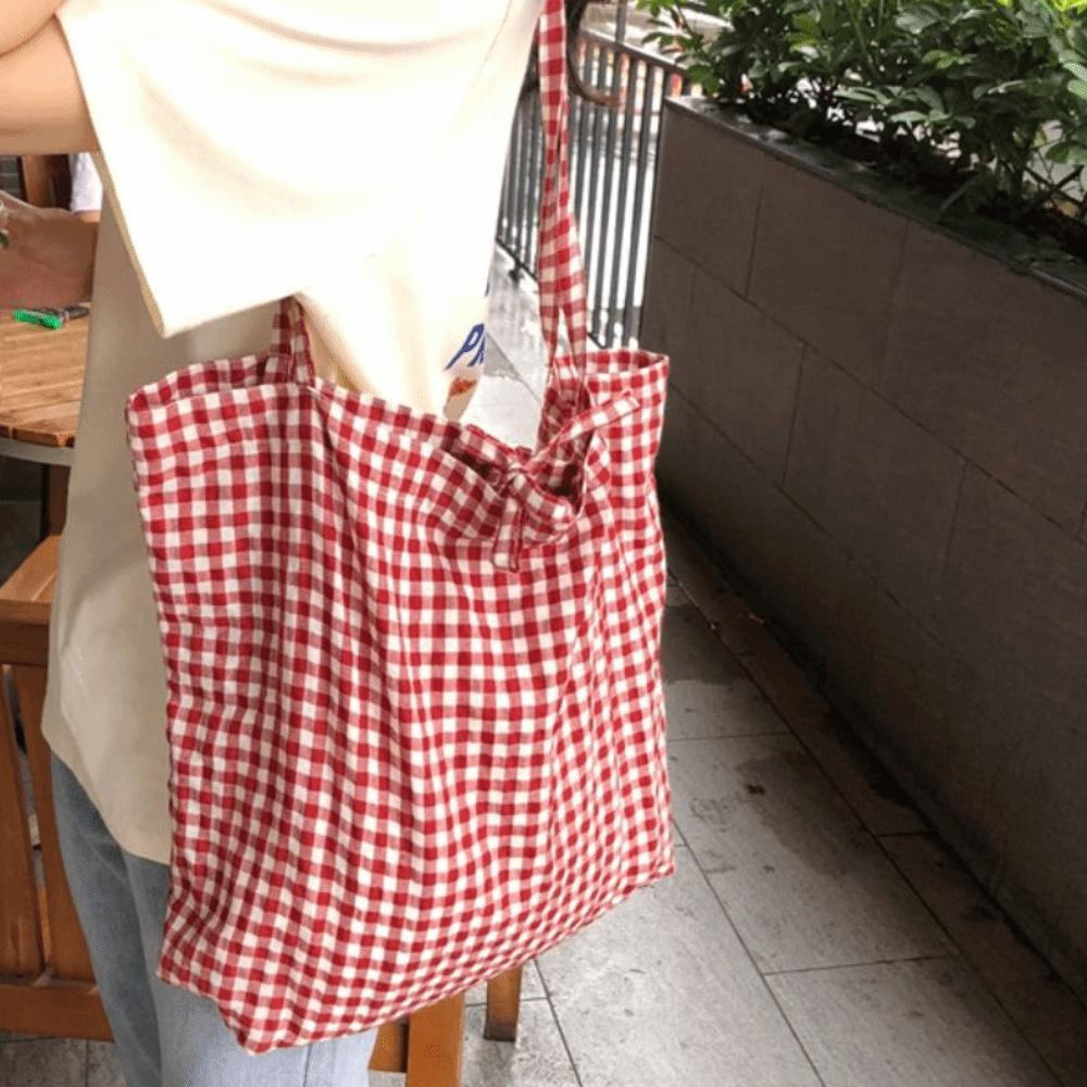 Print Grid Pattern Canvas Bag Retro Handbag Simple Printed Shoulder Bag Women