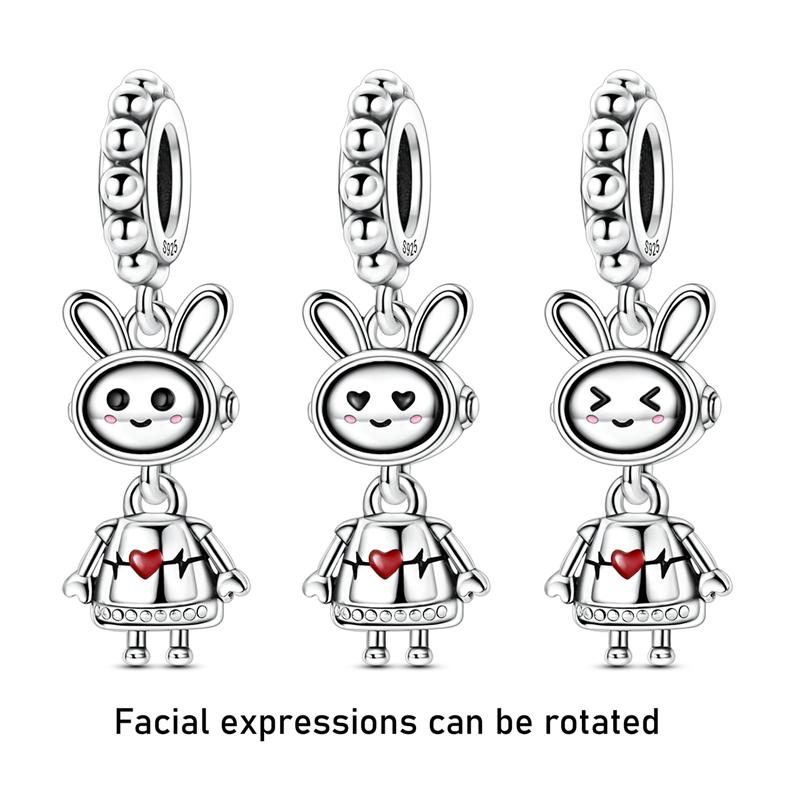 Copper Rotatable Facial Expressions Robot Rabbit Pendant Charm Fit Original Charm Bracelets Women Diy Jewelry Gift
