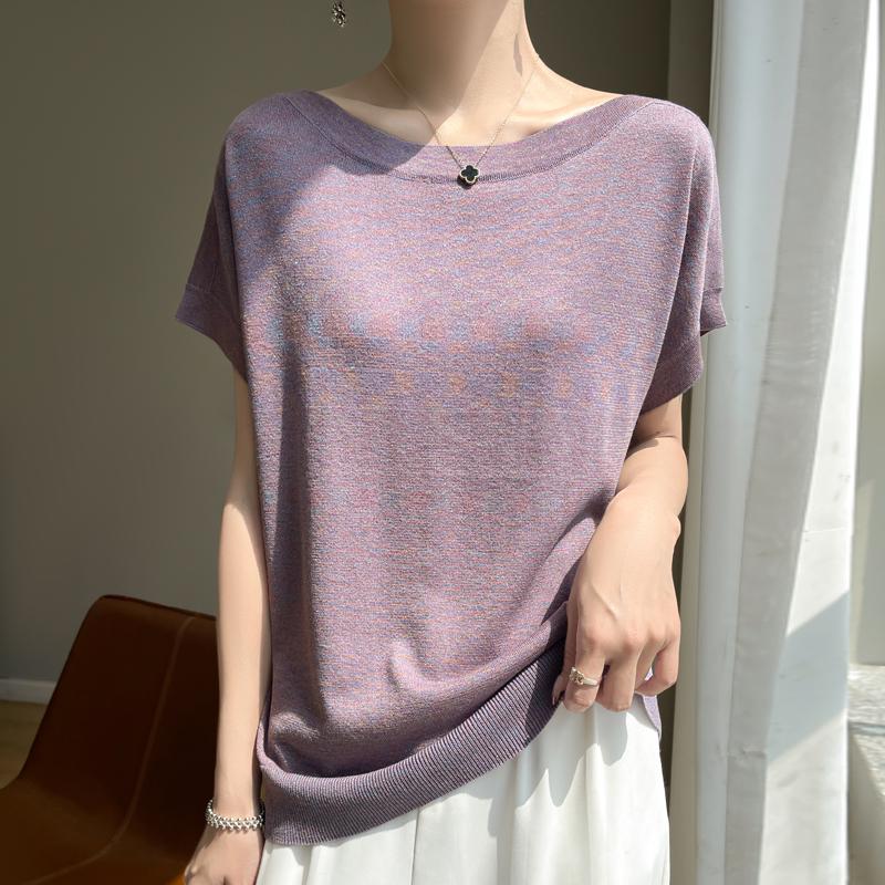 Women Knit T-shirt MODERN NEW SAGA Summer Knitted Shirt Short Sleeve Tees Slash Neck Pullover Knit Tops