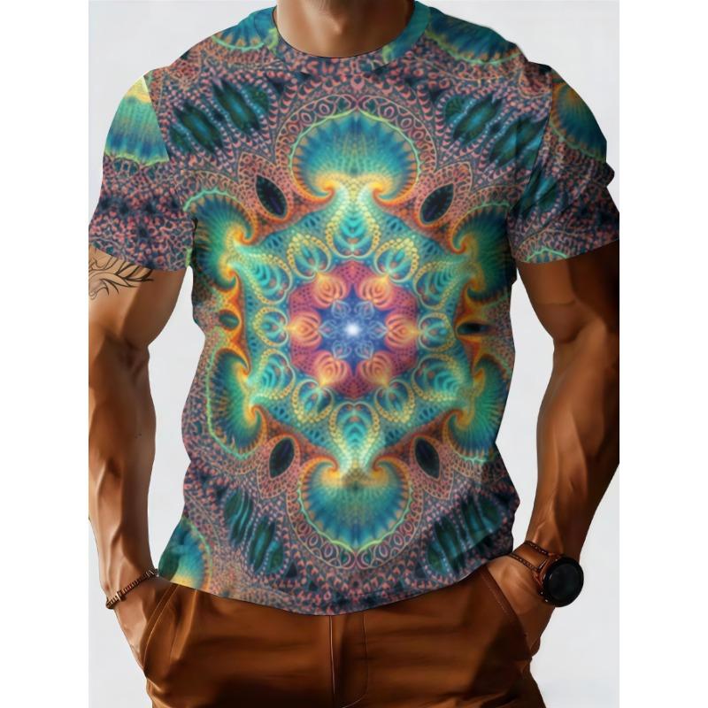 3D Psychedelic Mandala Flower Printed T-Shirt for Men Trendy Short Sleeve Tees Abstract Trippy Geometric Graphic Round Neck Hip Hop Streetwear Tops