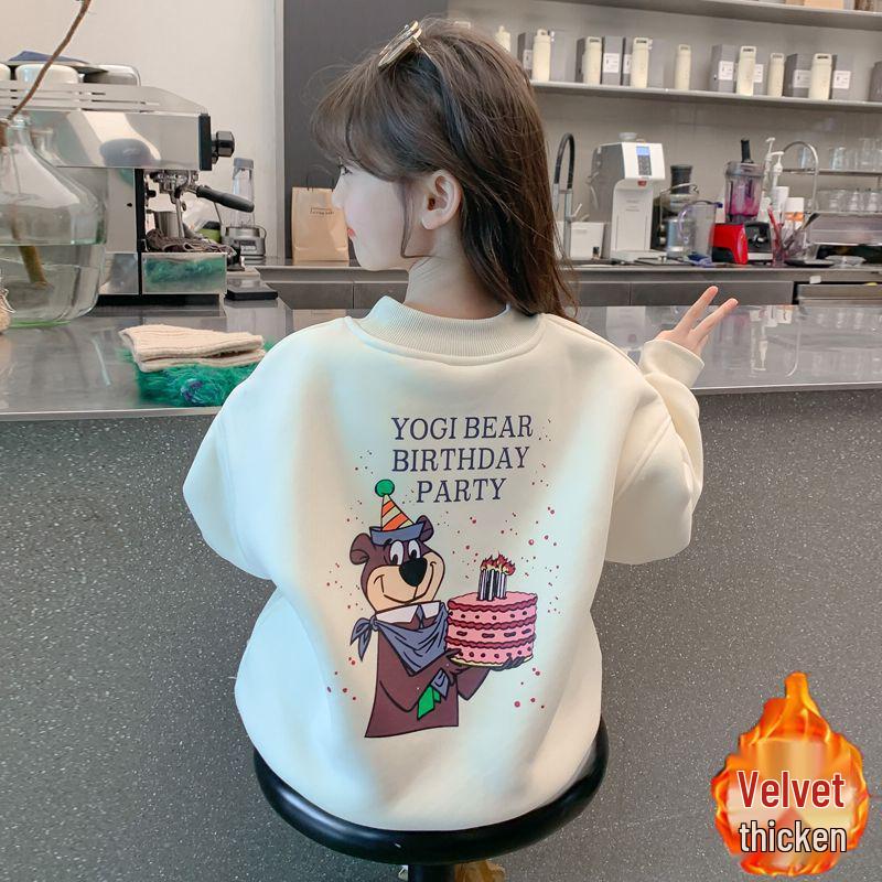 Худи с мультяшным медведем для девочек в корейском стиле 2025: Стильный бархатный топ на осень/зиму